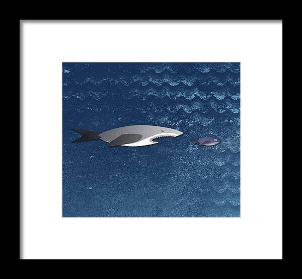 Horizontal Framed Print featuring the digital art A Shark Chasing A Smaller Fish by Jutta Kuss