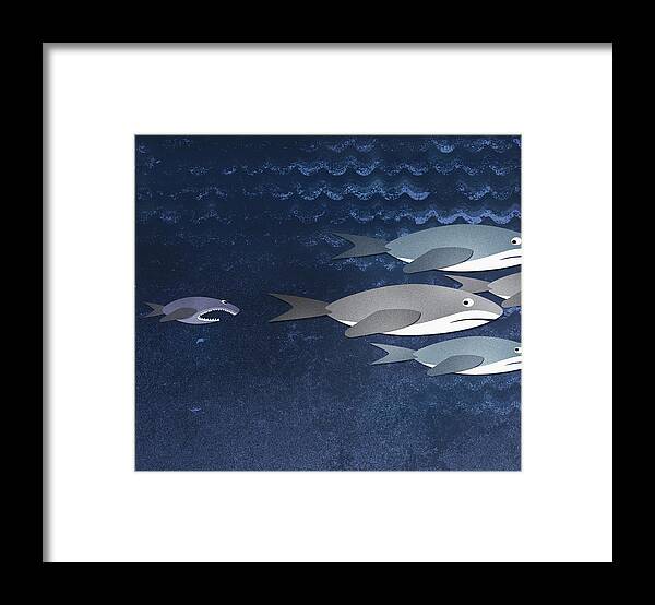 Horizontal Framed Print featuring the digital art A Small Fish Chasing Three Sharks by Jutta Kuss