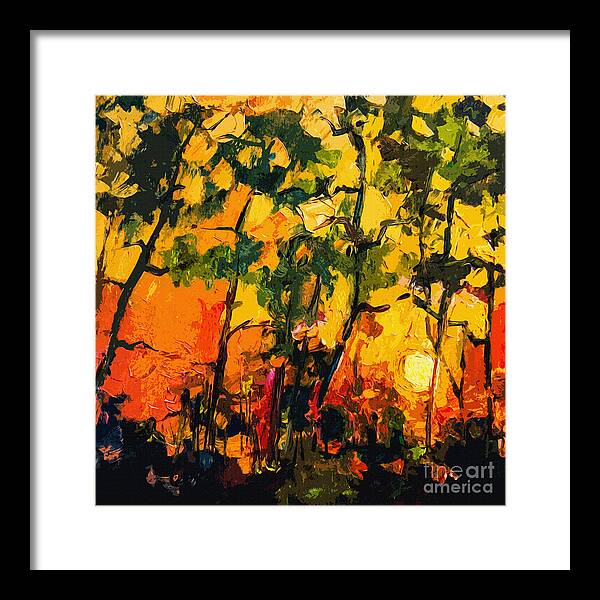 Abstract Framed Print featuring the painting Abstract Sunlight Through The Pines by Ginette Callaway