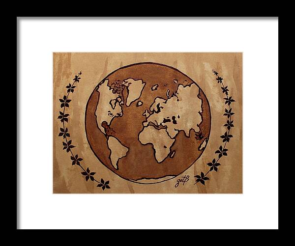 World Map Framed Print featuring the painting Abstract World Globe Map coffee painting by Georgeta Blanaru