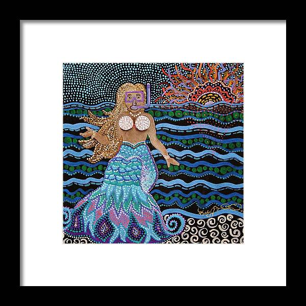  Snorkeling Framed Print featuring the painting Alan spots a Mermaid at The Great Barrier Reef by Kelly Nicodemus-Miller