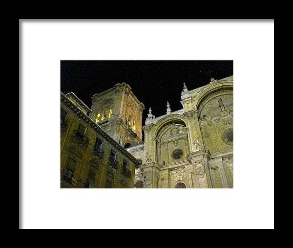 Cathedral Framed Print featuring the photograph Amazing Exterior Architecture of Cathedral At Night Granada Spain by John Shiron