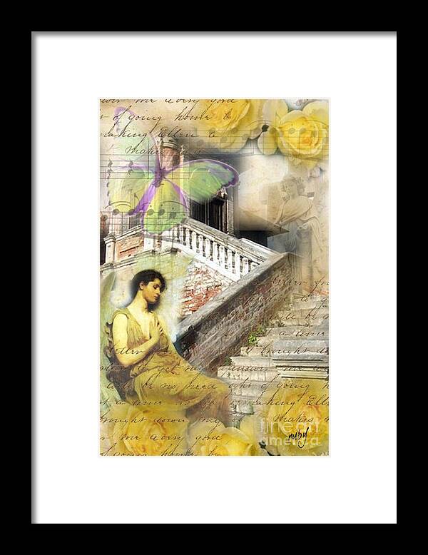 Angel;yellow;butterfly;roses;stairs;music;script75 Framed Print featuring the digital art Angel in Waiting by Ruby Cross
