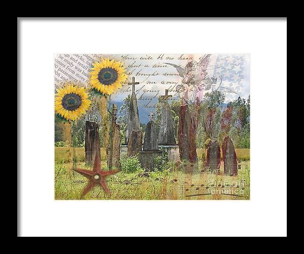 Art;halloween:graves;cemetery;sunflowers;agels;vintage Framed Print featuring the digital art Angels Among Us by Ruby Cross