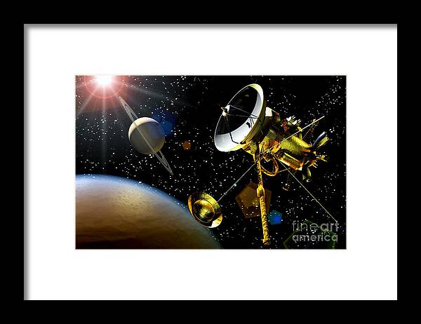 Cassini Spacecraft Framed Print featuring the photograph Artwork Of Huygens Probe Approaching by Nasa