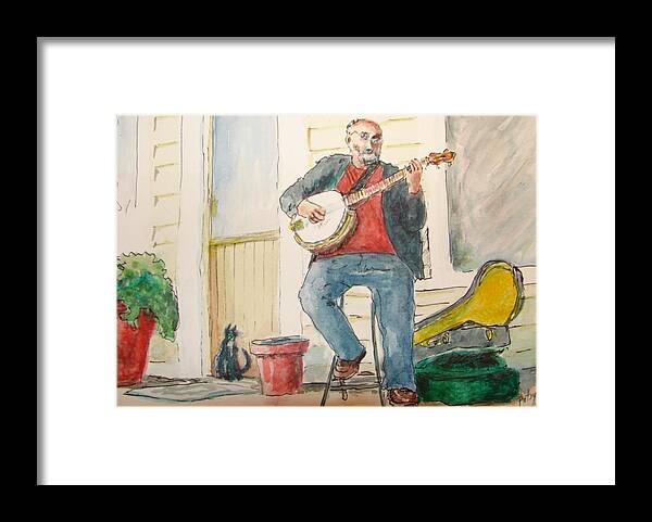 Banjo Cat Bluegrass Music Playing Jam Listen Festival Yellow Red Sit Capo Rolling Blue Dahlonega Framed Print featuring the painting Audience of One by Patsy Kline
