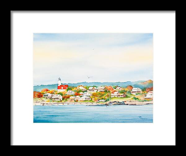 Bakers Island Framed Print featuring the painting Bakers Island Lighthouse in Autumn Watercolor Painting by Michelle Constantine