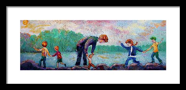 Children Balancing On The Rocks By The Shore Of The Lake Framed Print featuring the painting Balance by Naomi Gerrard