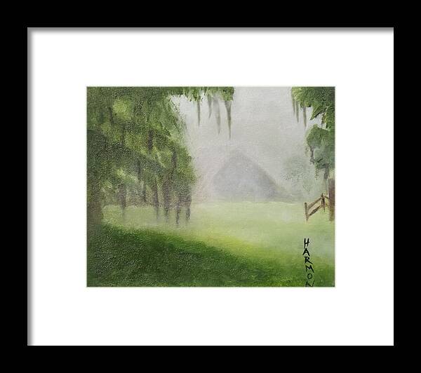 Barn Painting Framed Print featuring the painting Barn on Foggy Morning by Margaret Harmon