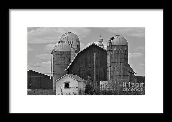 Black And White Framed Print featuring the photograph Barns and Silos black and white by Pamela Walrath