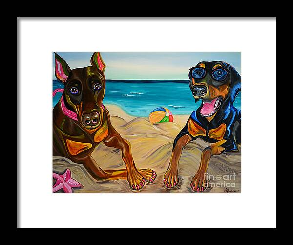 Doberman Paintings Framed Print featuring the painting Beach Dawgs by Sandra Presley