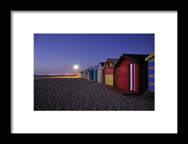Beach Shed Framed Print featuring the pyrography Beach Sheds at Dusk by Nishan De Silva