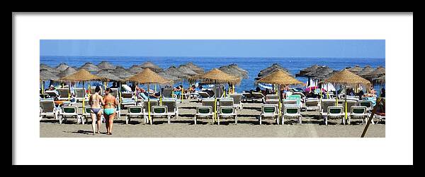 Bikini Framed Print featuring the photograph Bikini Girls Beach Umbrellas Costa Del Sol Spain by John Shiron