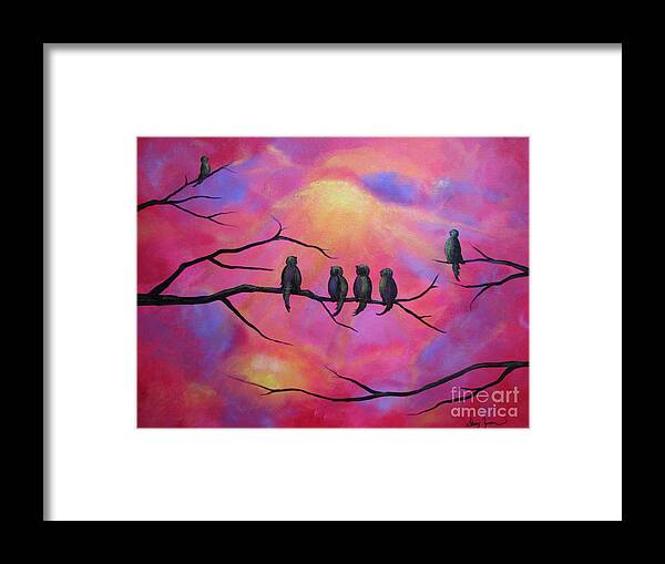 Birds Framed Print featuring the painting Blazing Ruby Sky by Stacey Zimmerman
