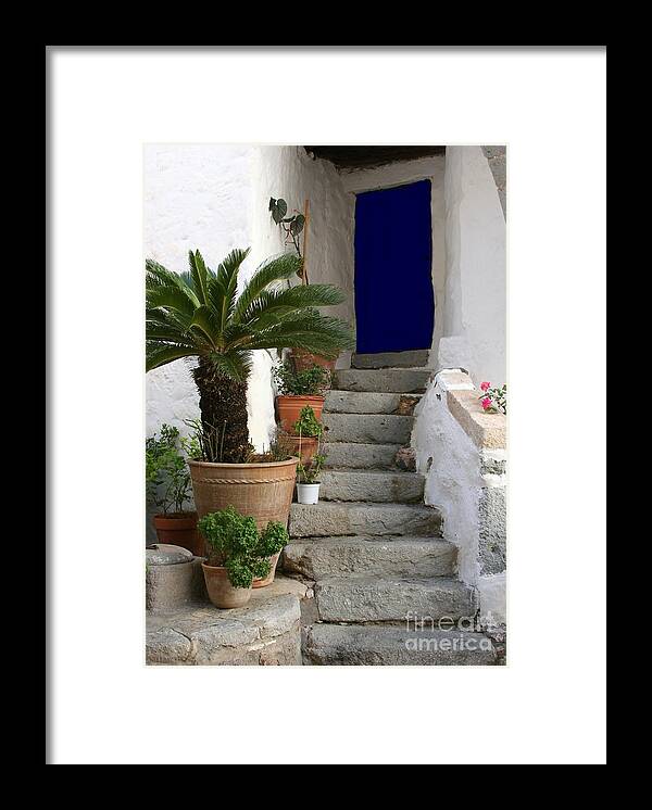 Door Framed Print featuring the photograph Blue Door in Greece by Sabrina L Ryan