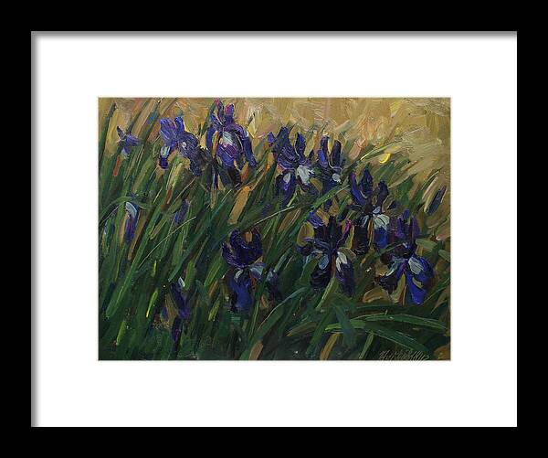 Irises Framed Print featuring the painting Blue irises by Juliya Zhukova