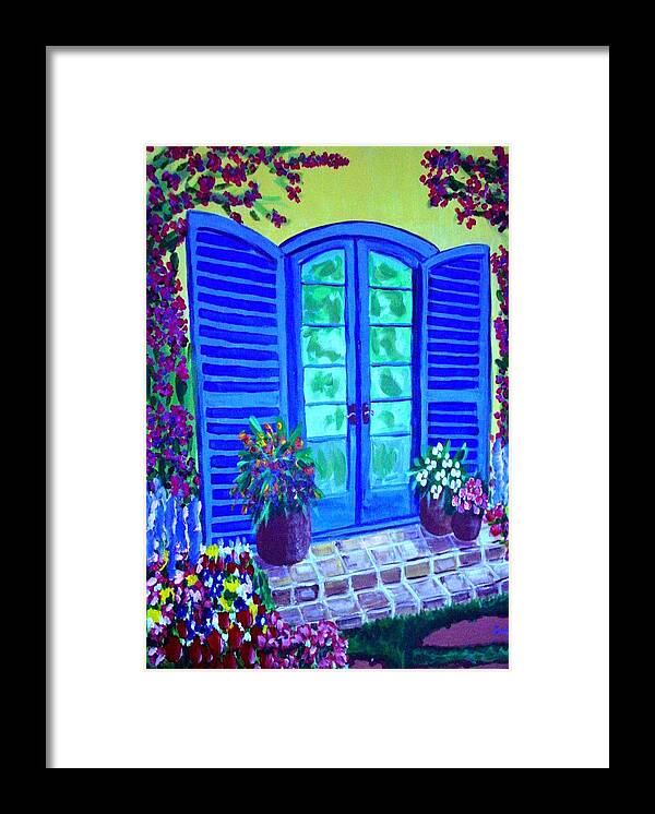 Blue Framed Print featuring the painting Blue Shutters by Laurie Morgan