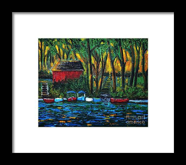 Boats Framed Print featuring the painting Boat Dock in The Evening by Reb Frost