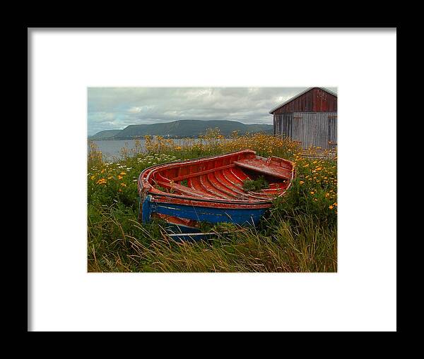 Gaspe Province Of Quebec Fishing Boat Shore Scene Wildflowers Melancholy Muted Tones Overcast Decaying Boat Frame Framed Print featuring the photograph BOATS Shore in Time by William OBrien