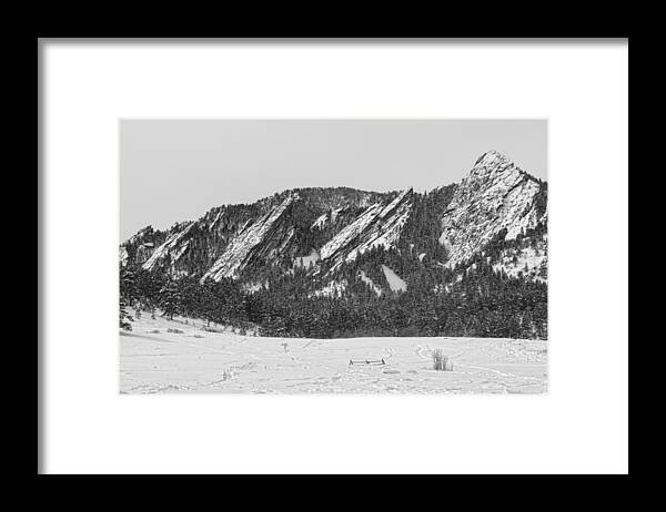 'boulder Photos' Framed Print featuring the photograph Boulder Colorado Flatirons With Snow BW by James BO Insogna