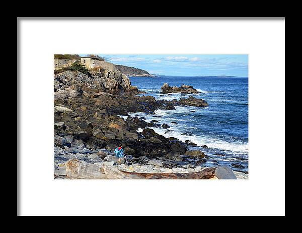Outdoors Framed Print featuring the photograph Boy on Shore Rocky Coast of Maine by Maureen E Ritter