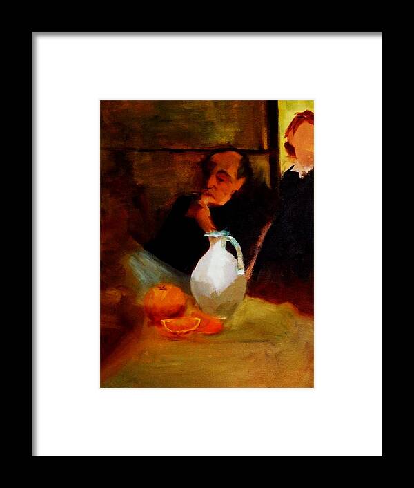 Break Framed Print featuring the painting Breaktime with Oranges and Milk Jug Man Deep in Philosophical Thought with Mysterious Boy Servant by M Zimmerman MendyZ