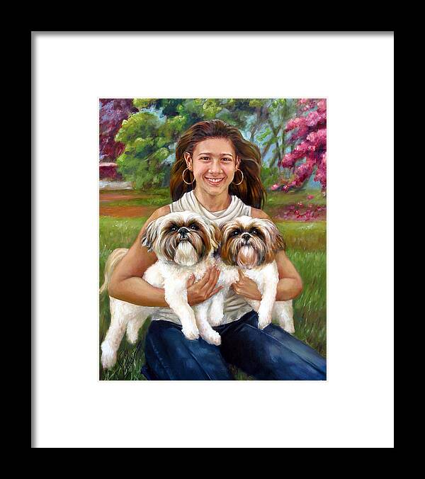  Framed Print featuring the painting Brittany and her Shih Tzusu by Nancy Tilles