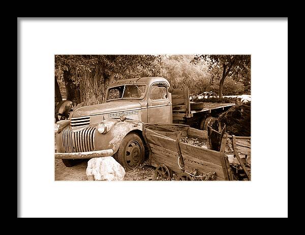 Broken Down Flatbed Wood Truck Vintage Rusted Busted Farming Equipment Rocks Ogden Utah Framed Print featuring the photograph Broken by Holly Blunkall