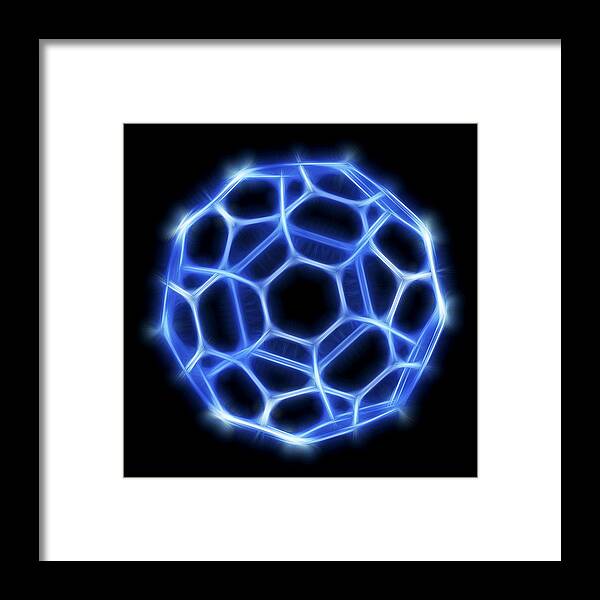 Square Framed Print featuring the digital art Buckyball, Buckminsterfullerene Molecule by Pasieka