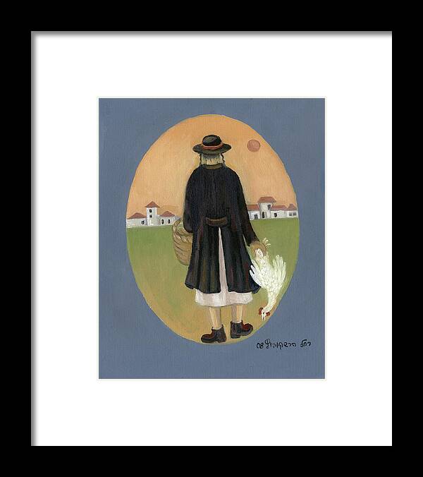 Caparot Framed Print featuring the painting Caparot rooster hasid back view jewish religious in blue yellow black green by Rachel Hershkovitz