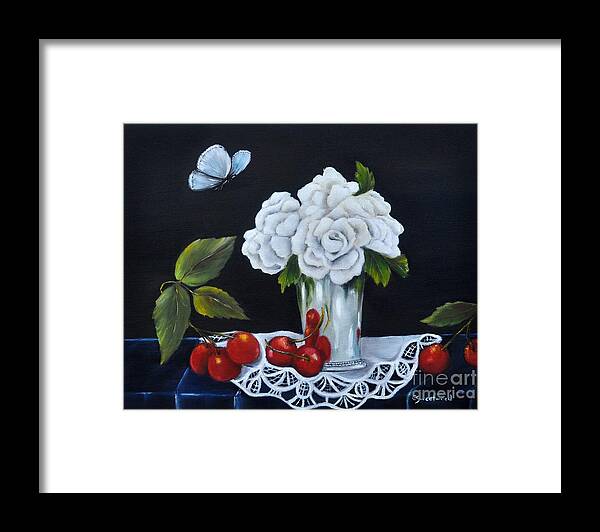 Still Life Framed Print featuring the painting Cherries and Roses by Carol Sweetwood
