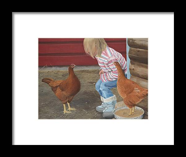 Girl And Chickens Framed Print featuring the painting Chicken Talk by Tammy Taylor