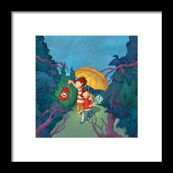 Children Illustration Framed Print featuring the painting Children On Nocturnal Forest by Autogiro Illustration