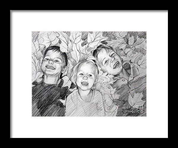 Children Framed Print featuring the drawing Children playing in the fallen leaves by Christopher Shellhammer