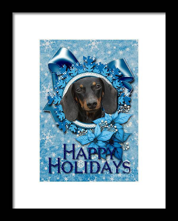 Dachshund Framed Print featuring the digital art Christmas - Blue Snowflakes Dachshund by Renae Crevalle