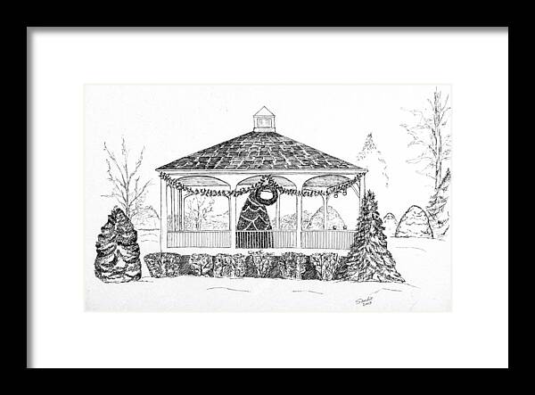Pen And Ink Drawing Framed Print featuring the drawing City Park Gazebo by Sandie Keyser