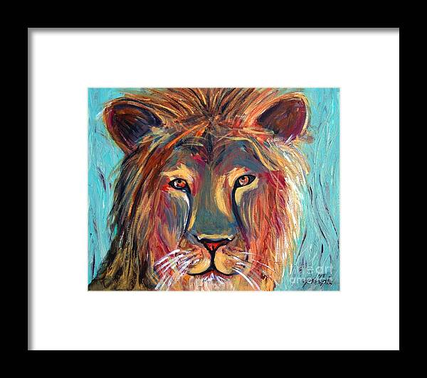 Lion Framed Print featuring the painting Colorful Lion by Jeanne Forsythe