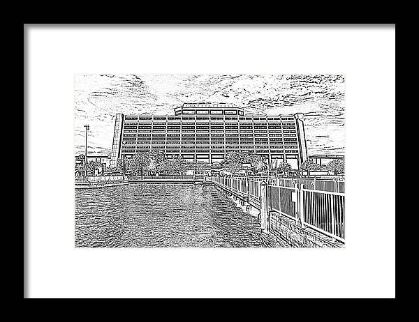 Contemporary Resort Framed Print featuring the digital art Contemporary Resort Profile Walt Disney World Prints Black and White Photocopy by Shawn O'Brien