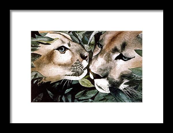 Mountain Framed Print featuring the painting Cougar Kiss by Frank SantAgata