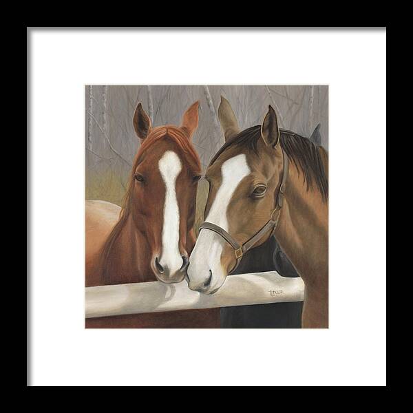 Horses Showing Affection Over The Fence Framed Print featuring the painting Courtship by Tammy Taylor