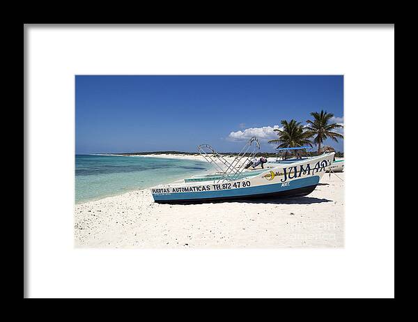 Travelpixpro Cozumel Framed Print featuring the photograph Cozumel Mexico Fishing Boats on White Sand Beach by Shawn O'Brien