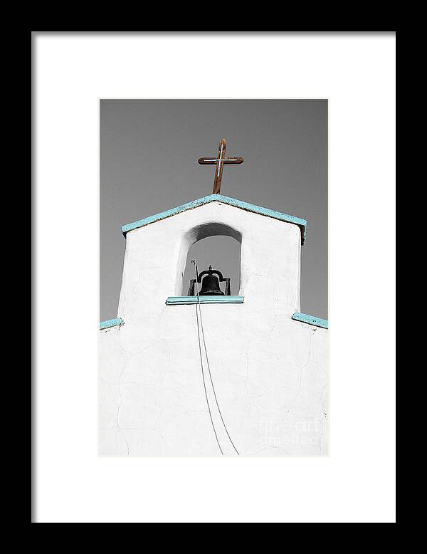 Travelpixpro West Texas Framed Print featuring the photograph Cross and Steeple Bell of Calera Church in West Texas Color Splash Black and White by Shawn O'Brien