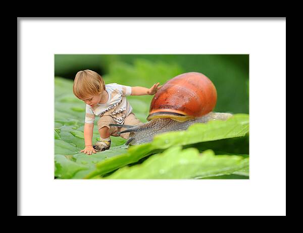 Beautiful Framed Print featuring the photograph Cute tiny boy playing with a snail by Jaroslaw Grudzinski