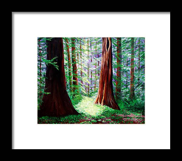 Redwood Framed Print featuring the painting Daybreak in the Redwoods by Laura Iverson