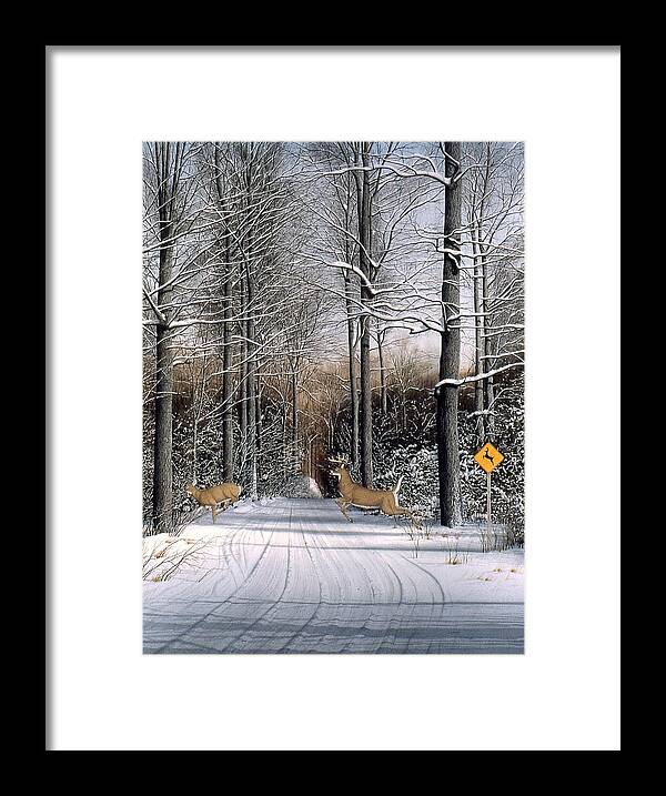 Wooded Landscape Framed Print featuring the painting Deer Crossing by Conrad Mieschke