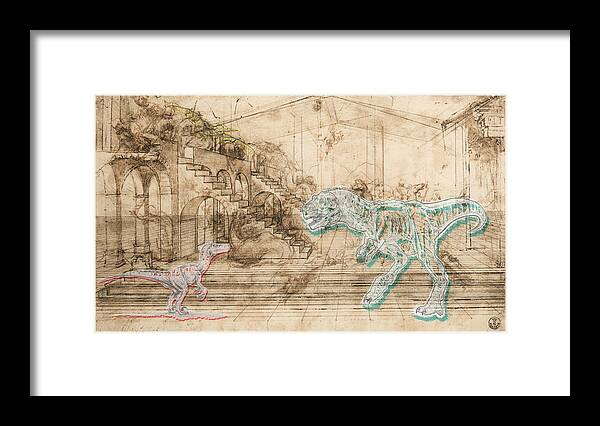 Dinosaur Framed Print featuring the mixed media Dinosaur Battle by Marcus Jules