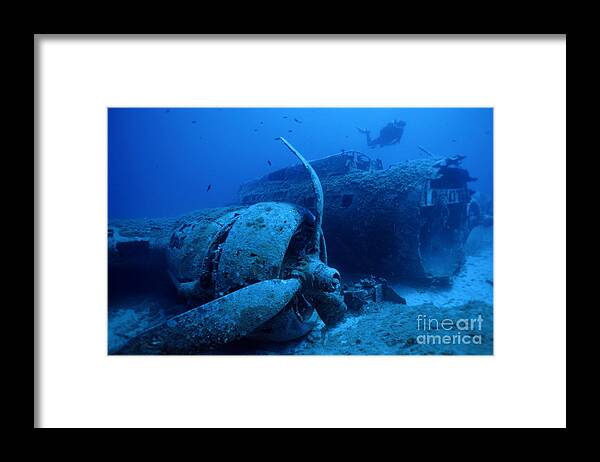 People Framed Print featuring the photograph Diver exploring sunken B17 airplane wreck by Sami Sarkis