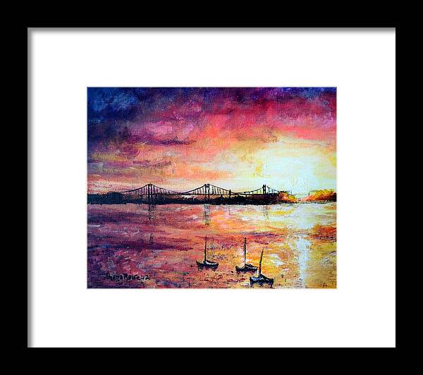 Bridge Framed Print featuring the painting Down by the Bay by Shana Rowe Jackson