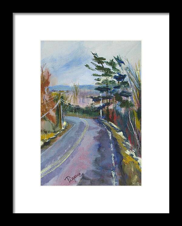 Country Road And Pine Trees Framed Print featuring the painting Down My Road by Betty Pieper
