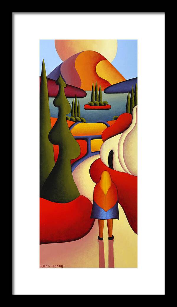 Dreamscape Framed Print featuring the painting Dreamscape with cottage and ritual figure by Alan Kenny
